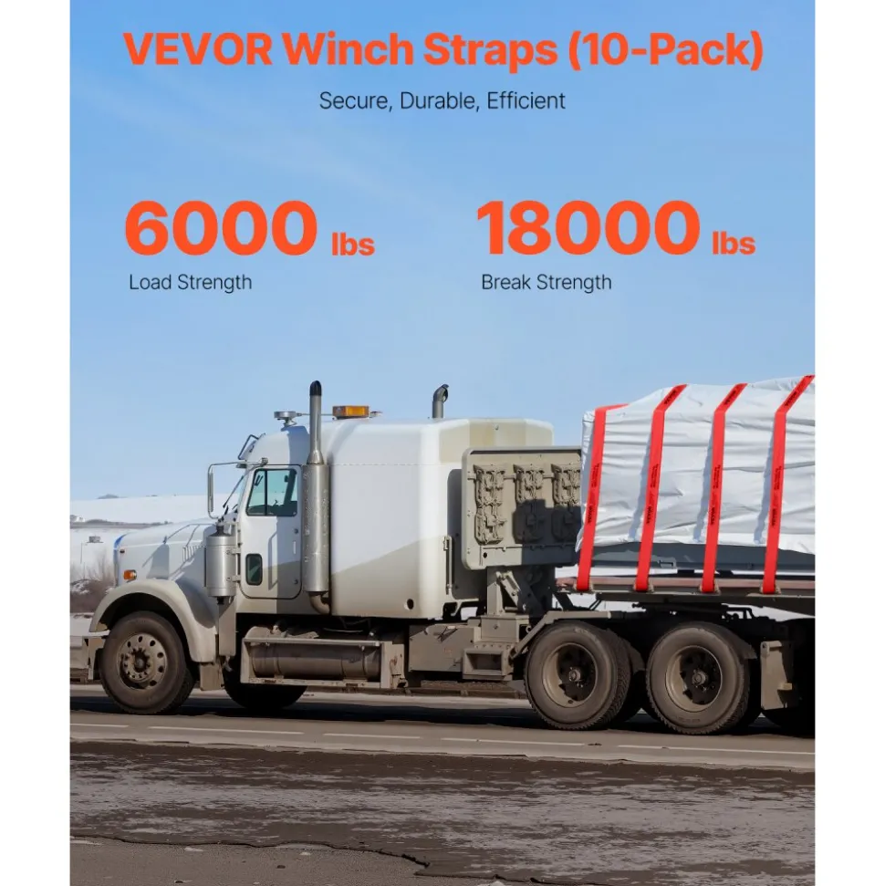 VEVOR Winch Straps, 4" x 30', 6000 lbs Load Capacity, 18000 lbs Breaking Strength, Truck Straps with Flat Hook, Flatbed Tie Downs Cargo Control for Trailers, Farms, Rescues, Tree Saver, Red (10 Pack)