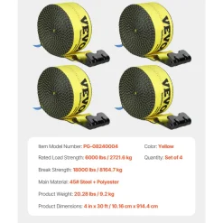VEVOR Winch Straps, 4" x 30', 6000 lbs Load Capacity, 18000 lbs Break Strength, Truck Straps with Flat Hook, Flatbed Tie Downs Cargo Control for Trailers, Farms, Rescues, Tree Saver, Yellow (4 Pack)