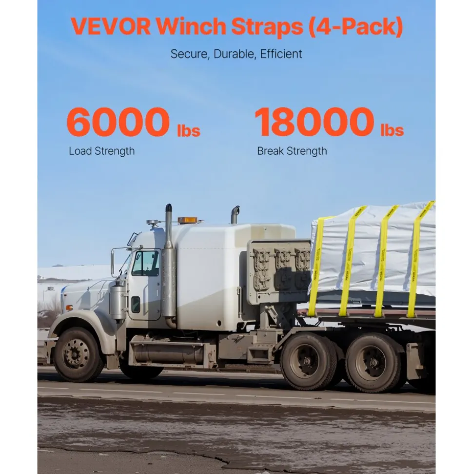 VEVOR Winch Straps, 4" x 30', 6000 lbs Load Capacity, 18000 lbs Break Strength, Truck Straps with Flat Hook, Flatbed Tie Downs Cargo Control for Trailers, Farms, Rescues, Tree Saver, Yellow (4 Pack)