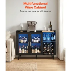 VEVOR Wine Cabinet, Coffee Bar Cabinet with 9 Wine Bottle Racks, Modern Buffet Sideboard with Glass Holder, Adjustable LED Brightness, for Home Kitchen, Living Room, Dining Room, Black Wood Grain