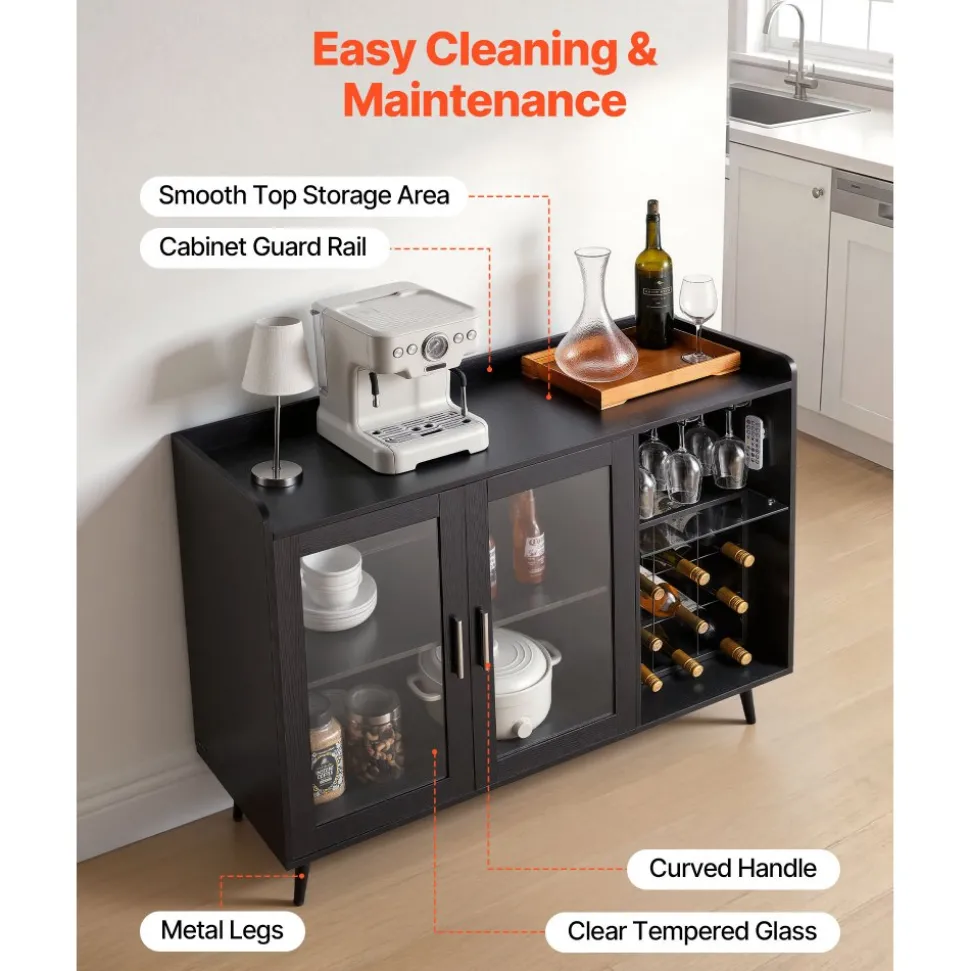 VEVOR Wine Cabinet, Coffee Bar Cabinet with 9 Wine Bottle Racks, Modern Buffet Sideboard with Glass Holder, Adjustable LED Brightness, for Home Kitchen, Living Room, Dining Room, Black Wood Grain