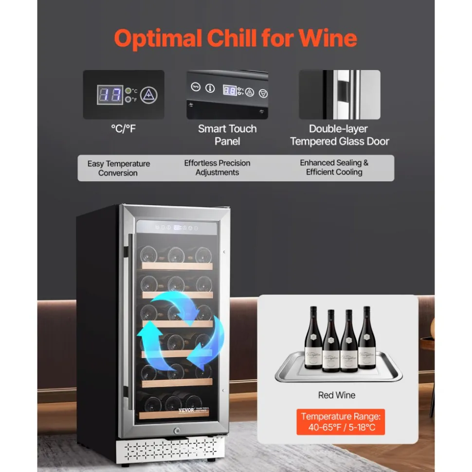 VEVOR Wine Cooler, 28 Bottle Wine Fridge, Mini Wine Cooler Refrigerator with Glass Door, Adjustable Shelves, Digital Temperature Control, Built-in & Freestanding Cooler Fridge for Home, Office, Bar