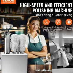 VEVOR Wine Glass Polisher Machine, 5-Brush Glass Polishing Machine, 330 Cups/Hour Electric Commercial Glass Polisher for Champagne Glasses, Beer Cups, Mugs, Perfect for Bar Restaurant Kitchen
