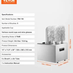 VEVOR Wine Glass Polisher Machine, 5-Brush Glass Polishing Machine, 330 Cups/Hour Electric Commercial Glass Polisher for Champagne Glasses, Beer Cups, Mugs, Perfect for Bar Restaurant Kitchen