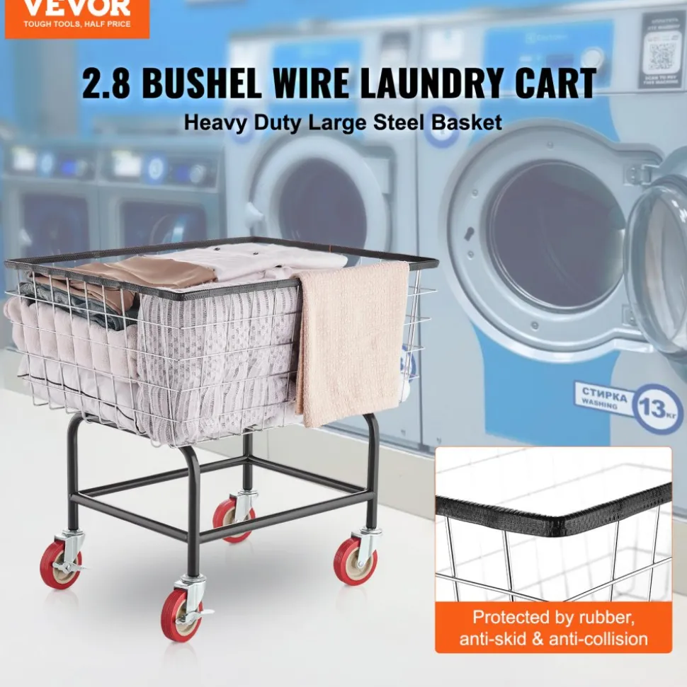 VEVOR Wire Laundry Cart, 2.8Bushel Wire Laundry Basket with Wheels, 26.7''x21.7''x26.4'' Commercial Wire Laundry Basket Cart, Steel Frame with Chrome Finish, 4" Casters, Wire Basket Cart for Laundry
