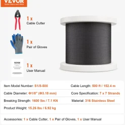 VEVOR Wire Rope Kit, 1/8" 500 ft 316 Stainless Steel Cable with Cutter and Gloves, 1600 lbs Breaking Strength, 7x7 Strands Core Marine Aircraft Grade for Handrail Stair Decking Fence Outdoors, Black