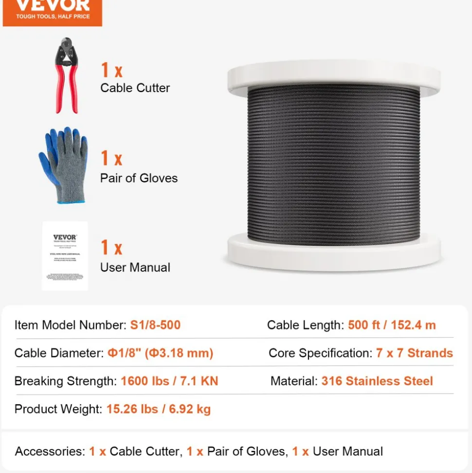 VEVOR Wire Rope Kit, 1/8" 500 ft 316 Stainless Steel Cable with Cutter and Gloves, 1600 lbs Breaking Strength, 7x7 Strands Core Marine Aircraft Grade for Handrail Stair Decking Fence Outdoors, Black
