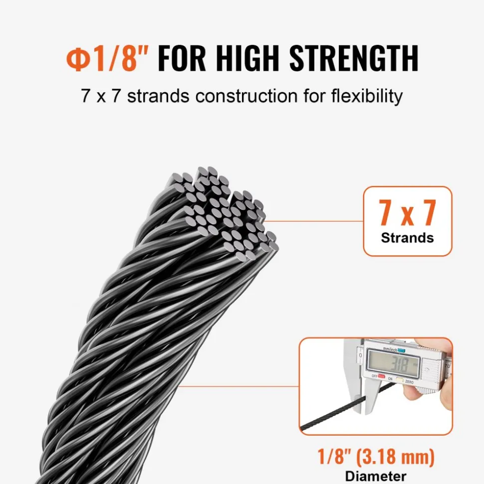 VEVOR Wire Rope Kit, 1/8" 500 ft 316 Stainless Steel Cable with Cutter and Gloves, 1600 lbs Breaking Strength, 7x7 Strands Core Marine Aircraft Grade for Handrail Stair Decking Fence Outdoors, Black