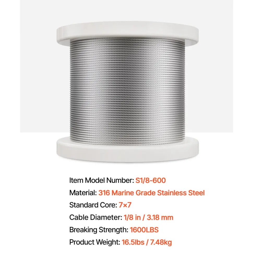 VEVOR Wire Rope Kit, 1/8" 600 ft 316 Stainless Steel Cable with Cutter and Gloves, 1600 lbs Breaking Strength, 7x7 Strands Construction Marine Aircraft Grade for Handrail Stair Decking Fence Outdoors