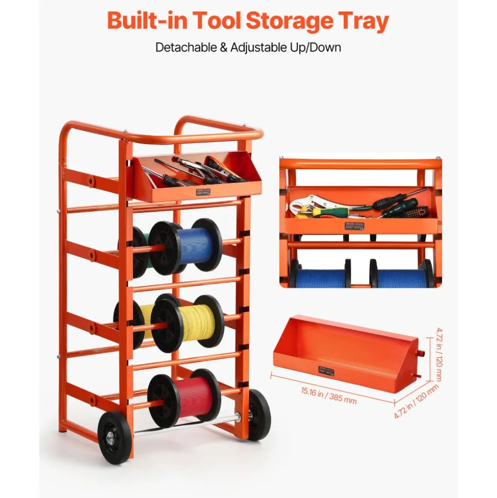 VEVOR Wire Spool Rack, 11 Rods, Multi-Spool Wire Rack Dispenser, Cable Caddy with Wheels, Cable Holder with Storage Tray for Wiring Storage, for Electrical, Industrial & Retail Use, Working Efficiency