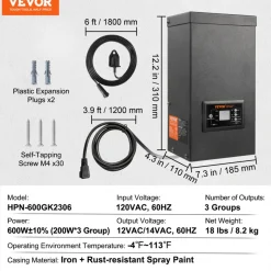 VEVOR 600W Landscape Transformer, Timer & Photocell Sensor Equipped, Weatherproof Outdoor Lighting Converter, 120V AC to 12V/14V AC, Ideal for Exterior, Spotlight, Pathway, Pool Lighting, ETL Certi