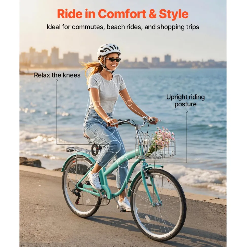 VEVOR Women Bike, 26 in Beach Cruiser Bike, 7-Speed Adult City Bicycle with Carbon Steel Frame, 330 lbs Capacity, Basket, Rear Rack & Dual V-Brakes, White