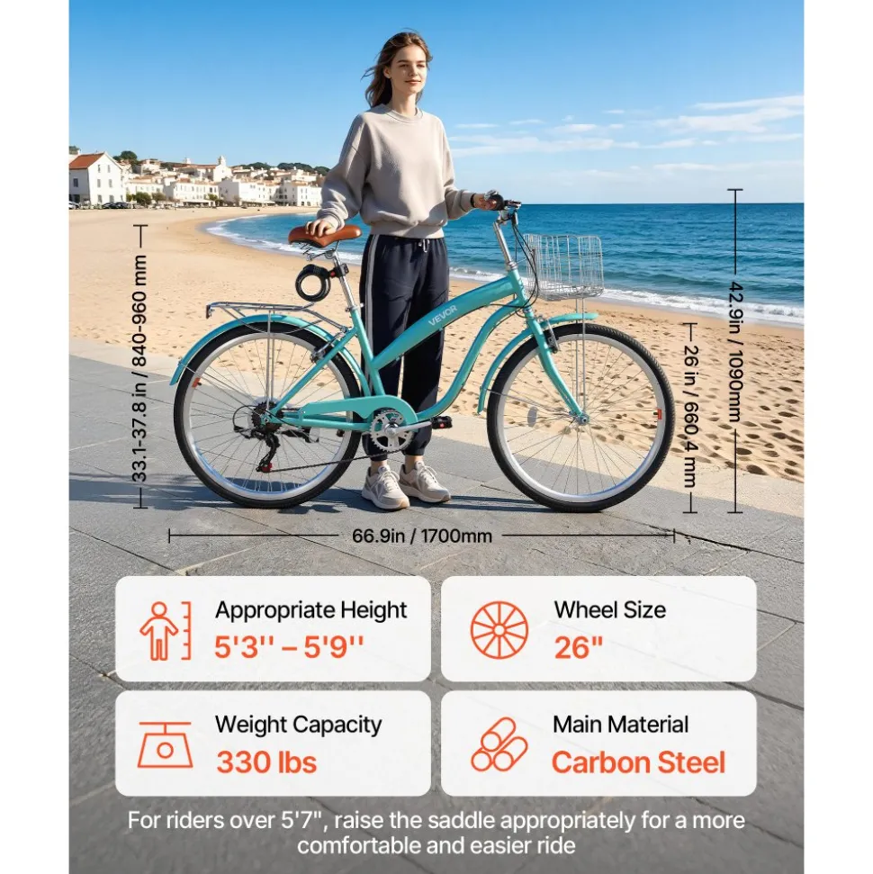 VEVOR Women Bike, 26 in Beach Cruiser Bike, 7-Speed Adult City Bicycle with Carbon Steel Frame, 330 lbs Capacity, Basket, Rear Rack & Dual V-Brakes, White