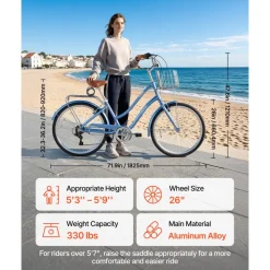 VEVOR Women Bike, 26 in Beach Cruiser Bike, 7-Speed Adult City Bicycle with Aluminum Alloy Frame, 330 lbs Capacity, Basket, Rear Rack & Dual V-Brakes, Light Blue