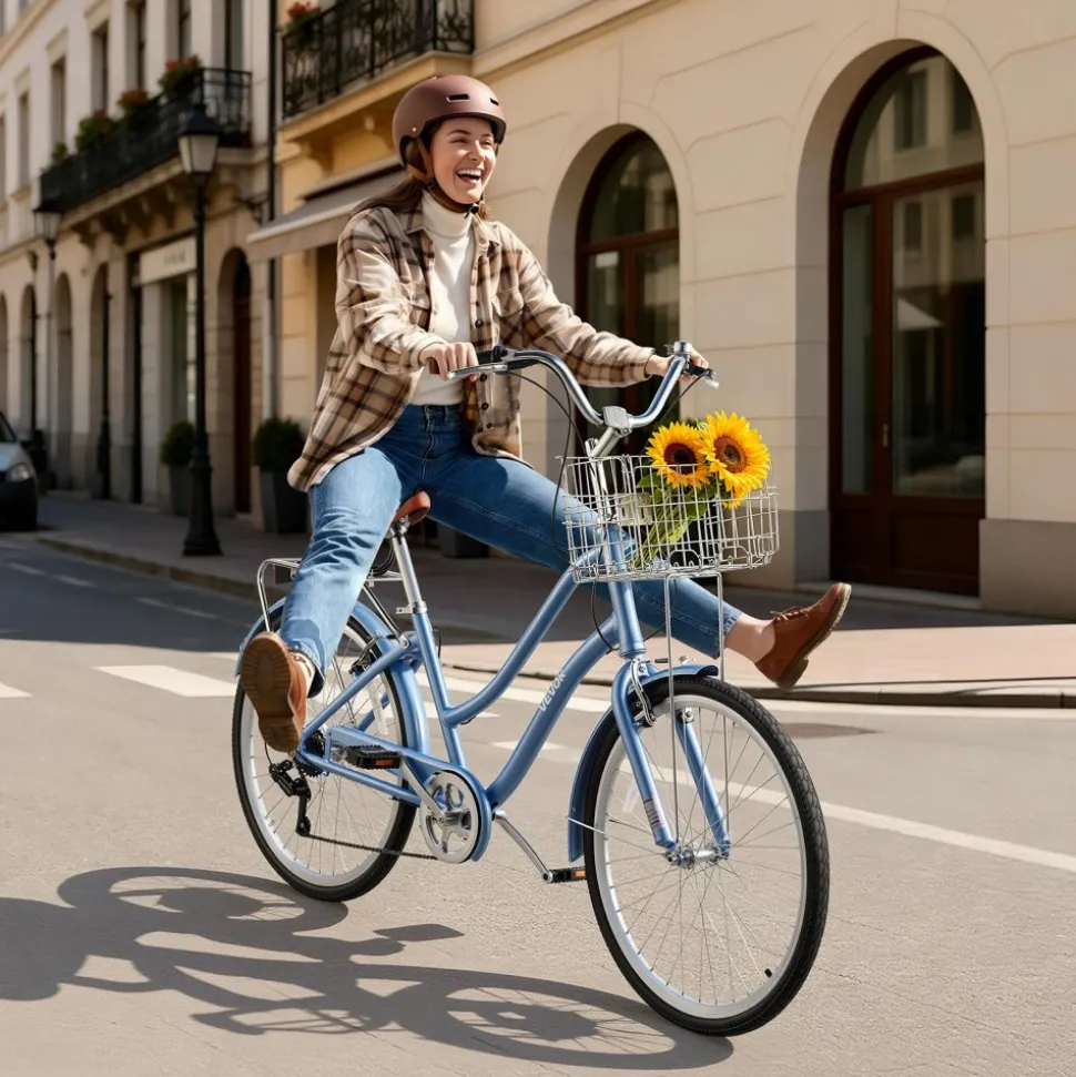 VEVOR Women Bike, 26 in Beach Cruiser Bike, 7-Speed Adult City Bicycle with Aluminum Alloy Frame, 330 lbs Capacity, Basket, Rear Rack & Dual V-Brakes, Light Blue