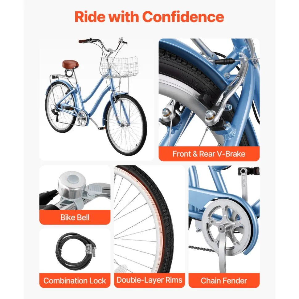 VEVOR Women Bike, 26 in Beach Cruiser Bike, 7-Speed Adult City Bicycle with Aluminum Alloy Frame, 330 lbs Capacity, Basket, Rear Rack & Dual V-Brakes, Light Blue