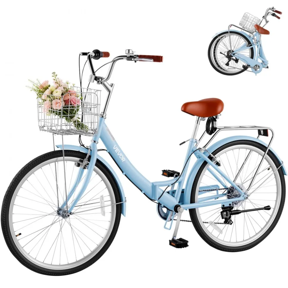 VEVOR Women Bike, 26 in Folding Beach Cruiser Bike, 7-Speed Adult City Bicycle with Steel Frame, 330 lbs Capacity, Basket, Rear Rack & Dual V-Brakes, Light Blue