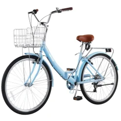 VEVOR Women Bike, 26 in Folding Beach Cruiser Bike, 7-Speed Adult City Bicycle with Steel Frame, 330 lbs Capacity, Basket, Rear Rack & Dual V-Brakes, Light Blue