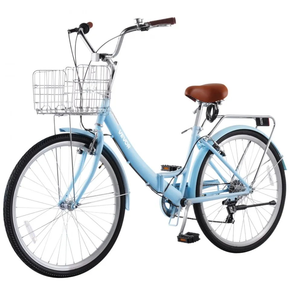 VEVOR Women Bike, 26 in Folding Beach Cruiser Bike, 7-Speed Adult City Bicycle with Steel Frame, 330 lbs Capacity, Basket, Rear Rack & Dual V-Brakes, Light Blue