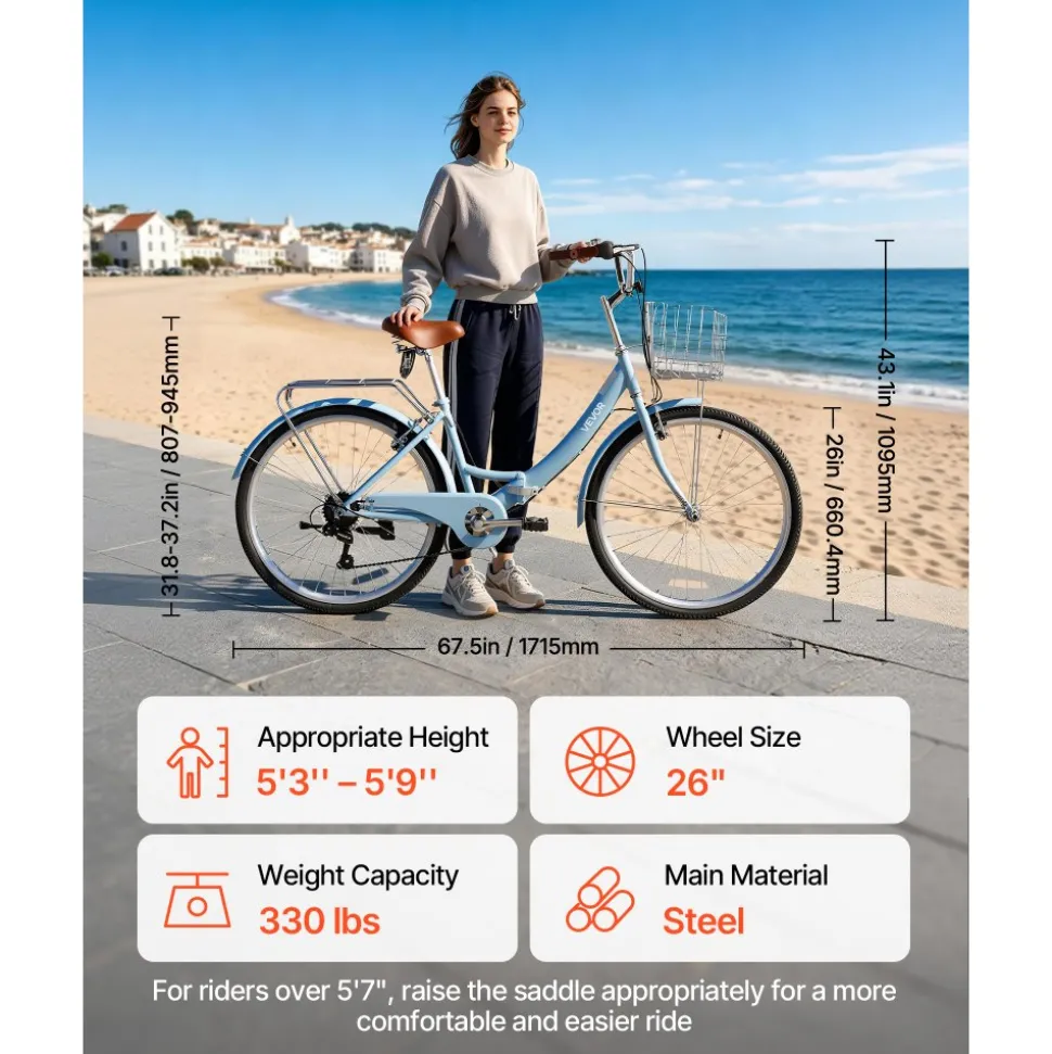 VEVOR Women Bike, 26 in Folding Beach Cruiser Bike, 7-Speed Adult City Bicycle with Steel Frame, 330 lbs Capacity, Basket, Rear Rack & Dual V-Brakes, Light Blue