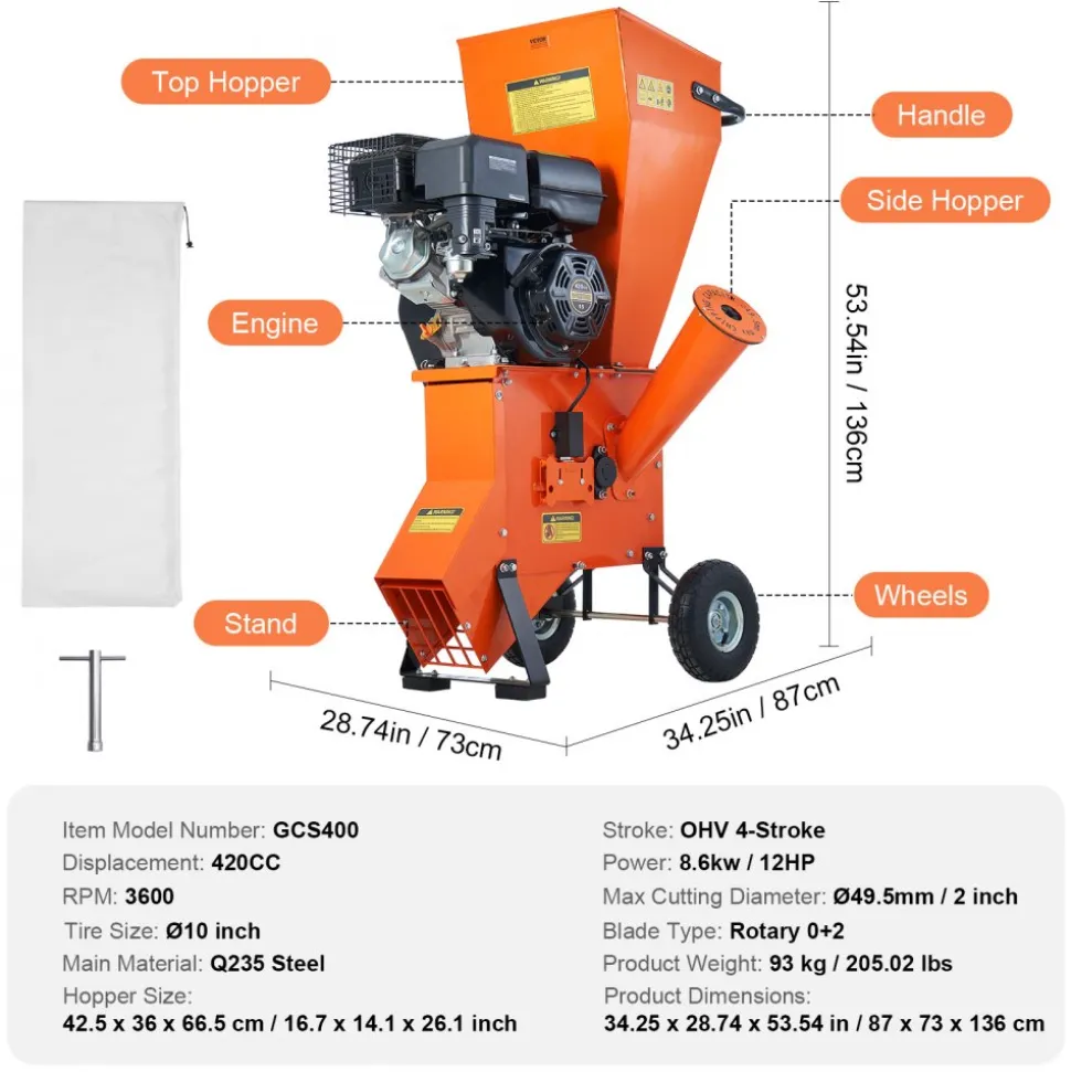 VEVOR Wood Chipper Shredder Mulcher, 12 HP Heavy Duty Gas Powered, 2” Max Diameter 420cc 8.6 kW Engine Woodchipper, Fast Wood Chipping Chopping for Forestry, Gardens, Landscaping, CE/EMC/EPA Listed