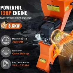 VEVOR Wood Chipper Shredder Mulcher, 12 HP Heavy Duty Gas Powered, 2” Max Diameter 420cc 8.6 kW Engine Woodchipper, Fast Wood Chipping Chopping for Forestry, Gardens, Landscaping, CE/EMC/EPA Listed