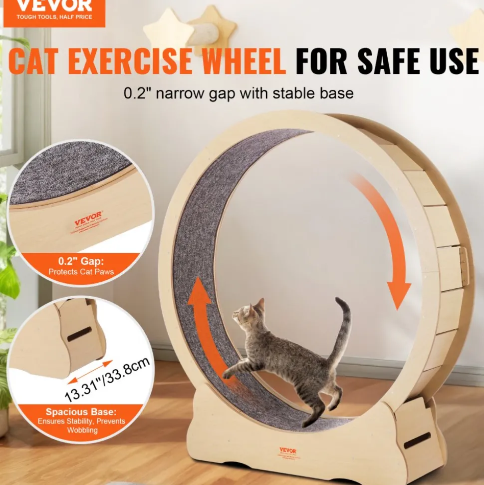 VEVOR Wooden Cat Exercise Wheel, 52" Large Cat Treadmill Wheel for Indoor Cats, Cat Running Wheel with Detachable Carpet & Cat Teaser for Running/Walking/Training, Suitable for Most Cats