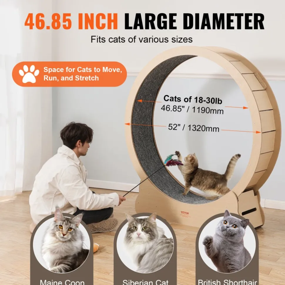 VEVOR Wooden Cat Exercise Wheel, 52" Large Cat Treadmill Wheel for Indoor Cats, Cat Running Wheel with Detachable Carpet & Cat Teaser for Running/Walking/Training, Suitable for Most Cats