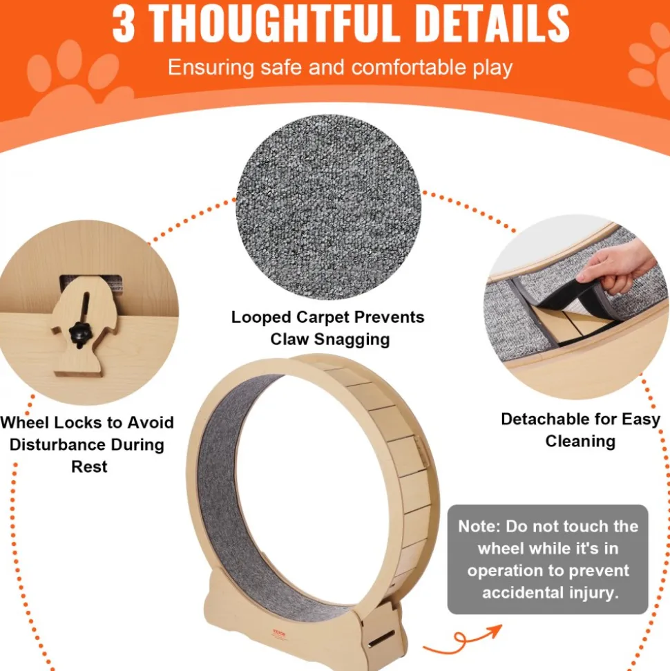 VEVOR Wooden Cat Exercise Wheel, 52" Large Cat Treadmill Wheel for Indoor Cats, Cat Running Wheel with Detachable Carpet & Cat Teaser for Running/Walking/Training, Suitable for Most Cats