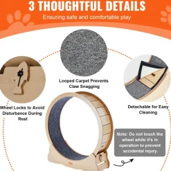 VEVOR Wooden Cat Exercise Wheel, 43.3" Large Cat Treadmill Wheel for Indoor Cats, Cat Running Wheel with Detachable Carpet & Cat Teaser for Running/Walking/Training, Suitable for Most Cats Yellow