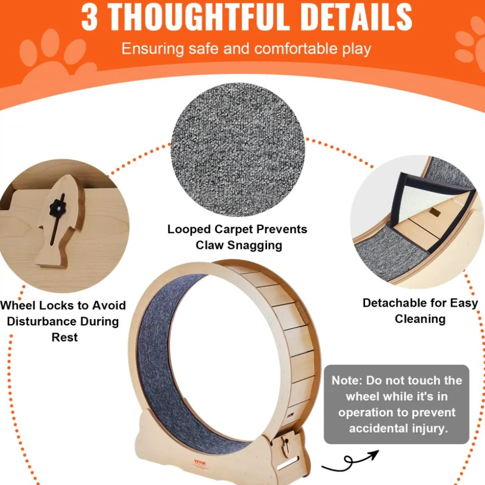 VEVOR Wooden Cat Exercise Wheel, 43.3" Large Cat Treadmill Wheel for Indoor Cats, Cat Running Wheel with Detachable Carpet & Cat Teaser for Running/Walking/Training, Suitable for Most Cats Yellow