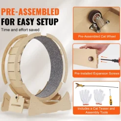 VEVOR Wooden Cat Exercise Wheel, 43.3" Large Cat Treadmill Wheel for Indoor Cats, Cat Running Wheel with Detachable Carpet & Cat Teaser for Running/Walking/Training, Suitable for Most Cats Yellow