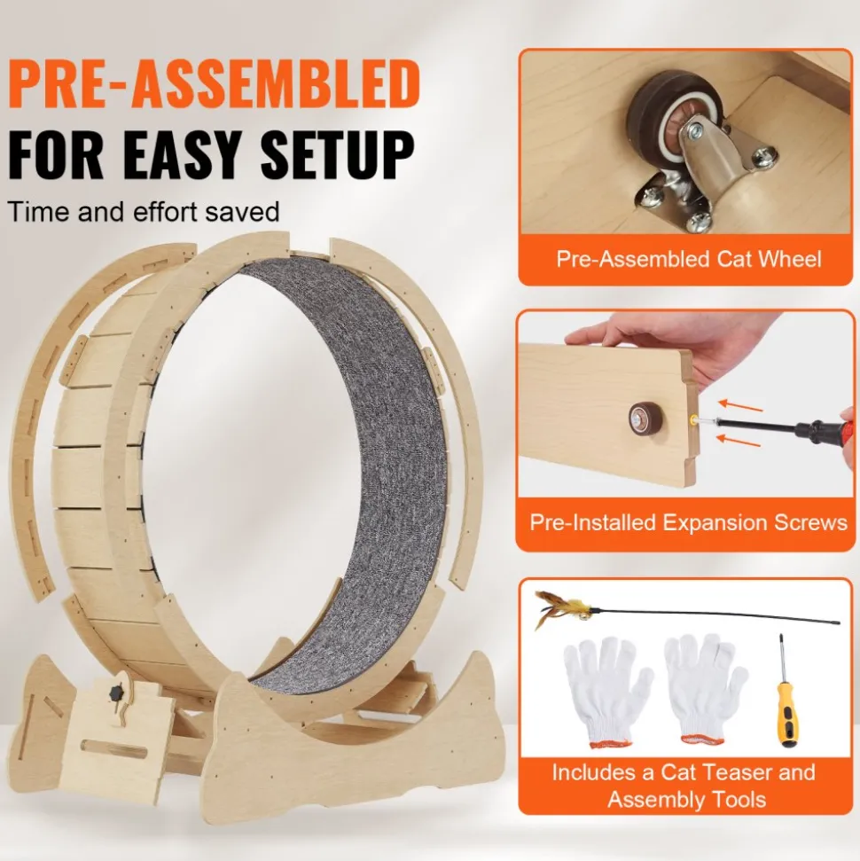 VEVOR Wooden Cat Exercise Wheel, 43.3" Large Cat Treadmill Wheel for Indoor Cats, Cat Running Wheel with Detachable Carpet & Cat Teaser for Running/Walking/Training, Suitable for Most Cats Yellow