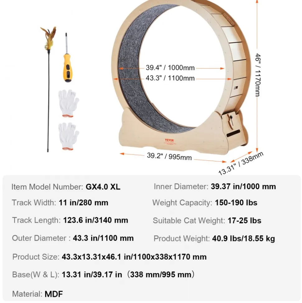 VEVOR Wooden Cat Exercise Wheel, 43.3" Large Cat Treadmill Wheel for Indoor Cats, Cat Running Wheel with Detachable Carpet & Cat Teaser for Running/Walking/Training, Suitable for Most Cats Yellow