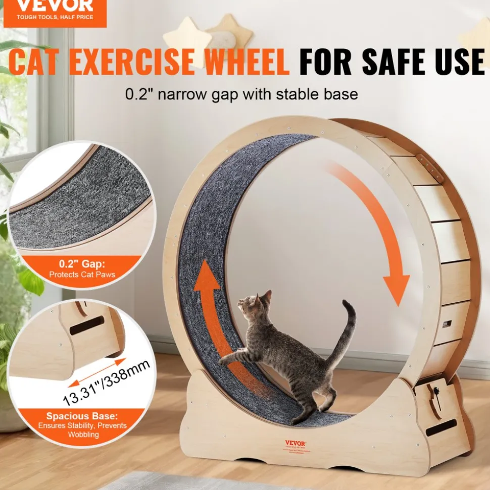 VEVOR Wooden Cat Exercise Wheel, 43.3" Large Cat Treadmill Wheel for Indoor Cats, Cat Running Wheel with Detachable Carpet & Cat Teaser for Running/Walking/Training, Suitable for Most Cats Yellow