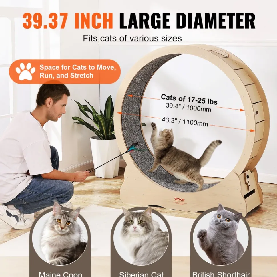 VEVOR Wooden Cat Exercise Wheel, 43.3" Large Cat Treadmill Wheel for Indoor Cats, Cat Running Wheel with Detachable Carpet & Cat Teaser for Running/Walking/Training, Suitable for Most Cats Yellow