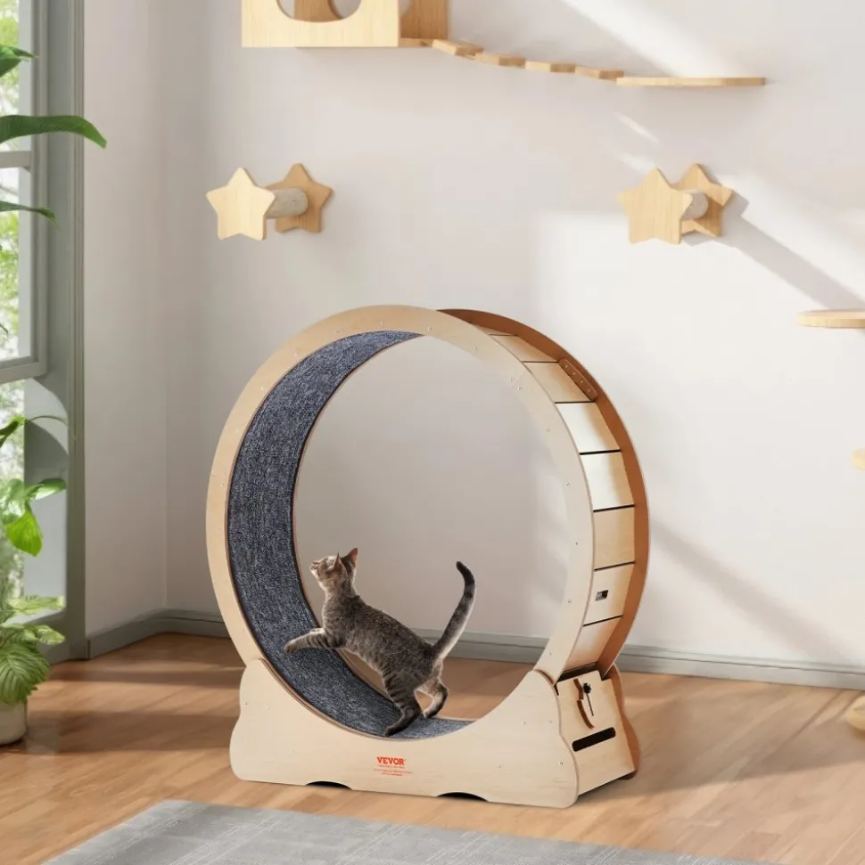 VEVOR Wooden Cat Exercise Wheel, 43.3" Large Cat Treadmill Wheel for Indoor Cats, Cat Running Wheel with Detachable Carpet & Cat Teaser for Running/Walking/Training, Suitable for Most Cats Yellow