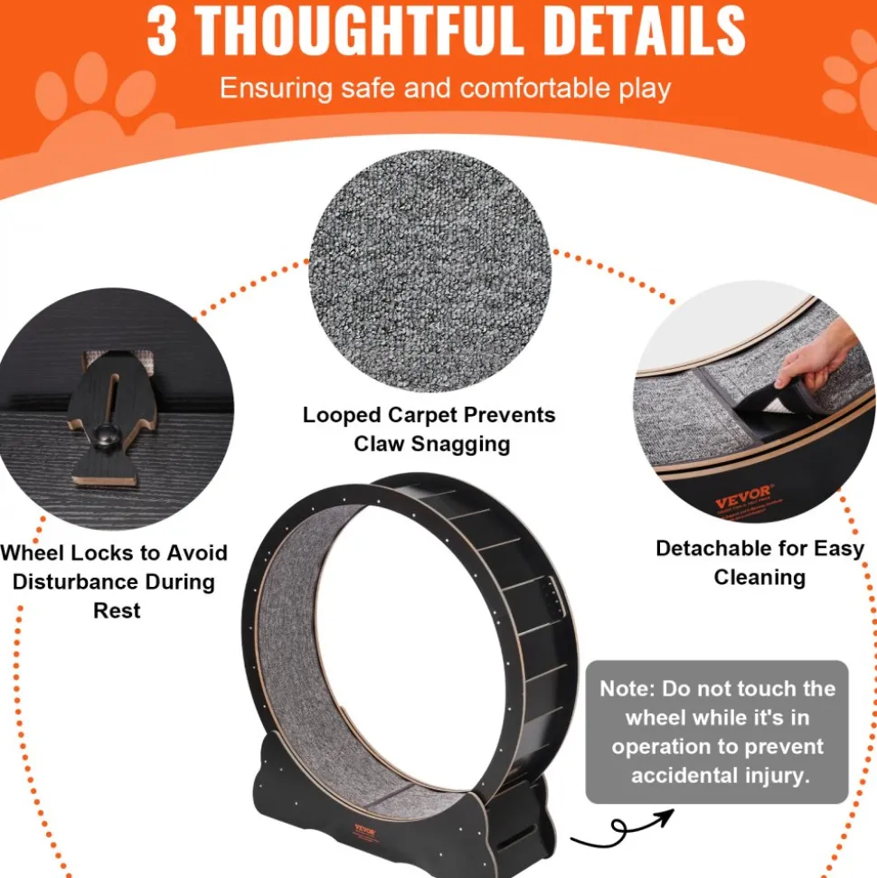 VEVOR Wooden Cat Exercise Wheel, 43.3" Large Cat Treadmill Wheel for Indoor Cats, Cat Running Wheel with Detachable Carpet & Cat Teaser for Running/Walking/Training, Suitable for Most Cats Black