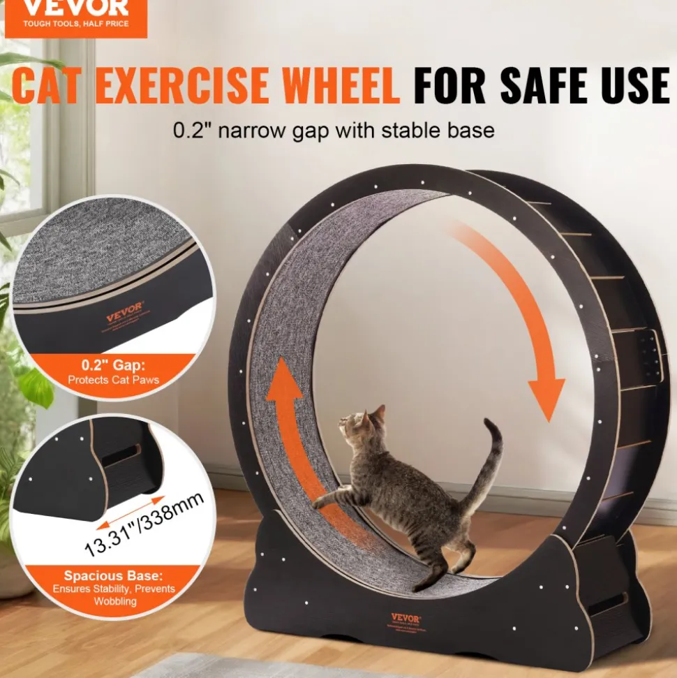 VEVOR Wooden Cat Exercise Wheel, 43.3" Large Cat Treadmill Wheel for Indoor Cats, Cat Running Wheel with Detachable Carpet & Cat Teaser for Running/Walking/Training, Suitable for Most Cats Black