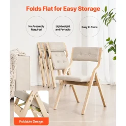 VEVOR Wooden Folding Chairs with Cushion, Set of 4, Portable Foldable Cushion Chair with Wooden Frame, Modern Padded Dining Chair for Kitchen, Office, Wedding, Party, Dining Room, Easy Assembly, Beige