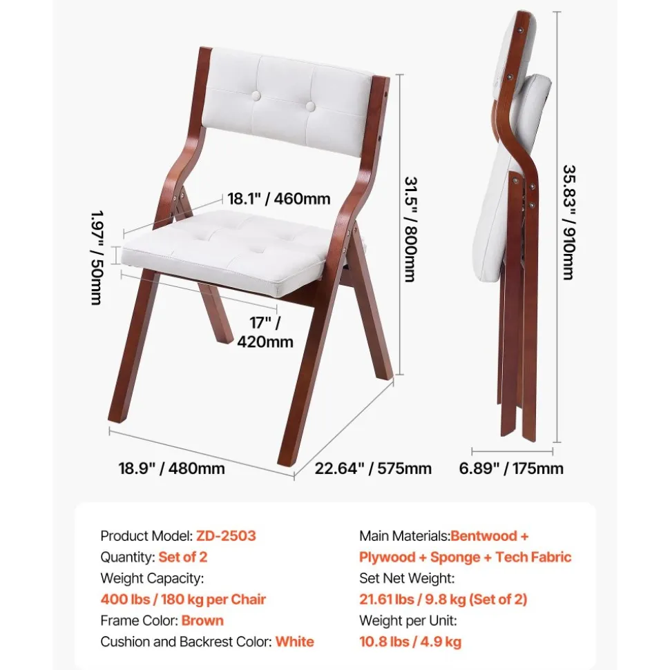 VEVOR Wooden Folding Chairs with Cushion, Set of 2, Portable Foldable Cushion Chair with Wooden Frame, Modern Padded Dining Chair for Kitchen, Office, Wedding, Party, Dining Room, Easy Assembly, White