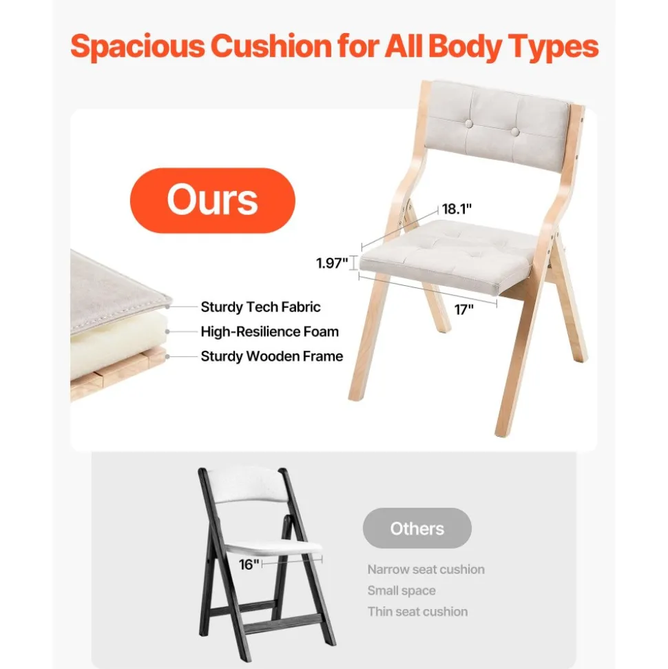 VEVOR Wooden Folding Chairs with Cushion, Set of 4, Portable Foldable Cushion Chair with Wooden Frame, Modern Padded Dining Chair for Kitchen, Office, Wedding, Party, Dining Room, Easy Assembly, White