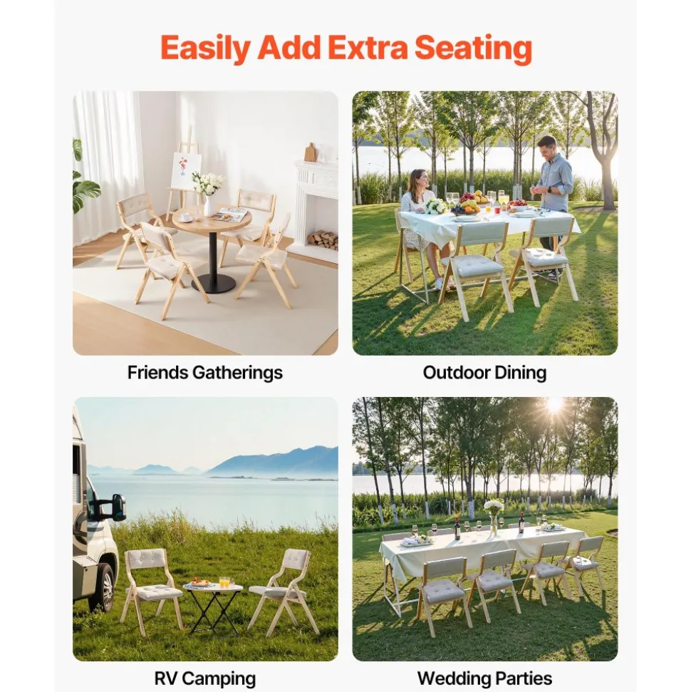 VEVOR Wooden Folding Chairs with Cushion, Set of 4, Portable Foldable Cushion Chair with Wooden Frame, Modern Padded Dining Chair for Kitchen, Office, Wedding, Party, Dining Room, Easy Assembly, White