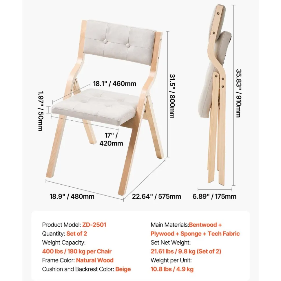 VEVOR Wooden Folding Chairs with Cushion, Set of 4, Portable Foldable Cushion Chair with Wooden Frame, Modern Padded Dining Chair for Kitchen, Office, Wedding, Party, Dining Room, Easy Assembly, White