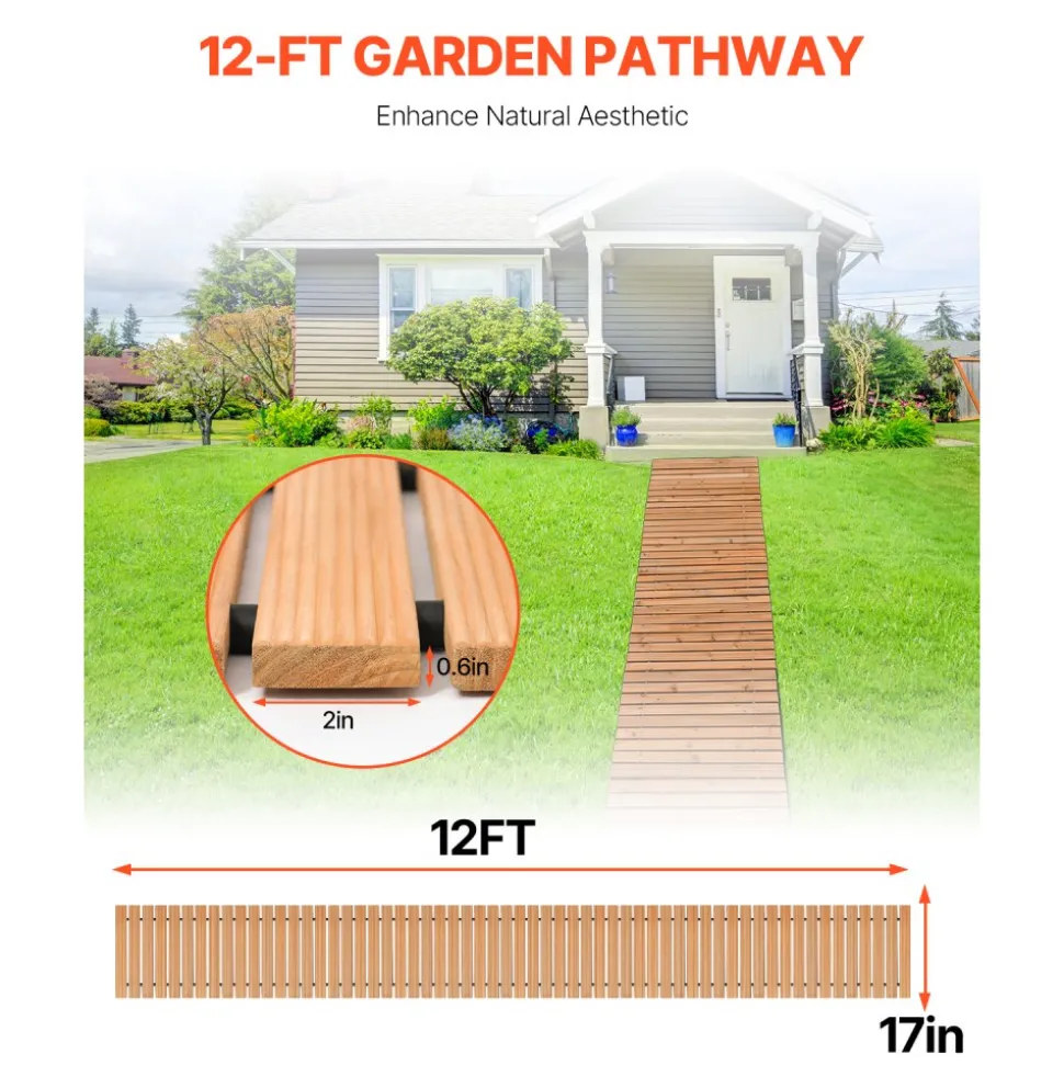VEVOR Wooden Garden Pathway, 12 ft L x 17 in W, Non-Slip Straight Garden Walkway, Roll Out Cedar Outdoor Walkway Path with Wire Rope Connection, Decorative Garden Paver for Backyard Wedding Party
