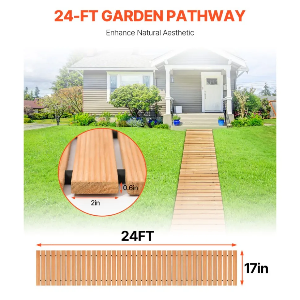 VEVOR Wooden Garden Pathway, 24 ft L x 17 in W, Non-Slip Straight Garden Walkway, Roll Out Cedar Outdoor Walkway Path with Wire Rope Connection, Decorative Garden Paver for Backyard Wedding Party