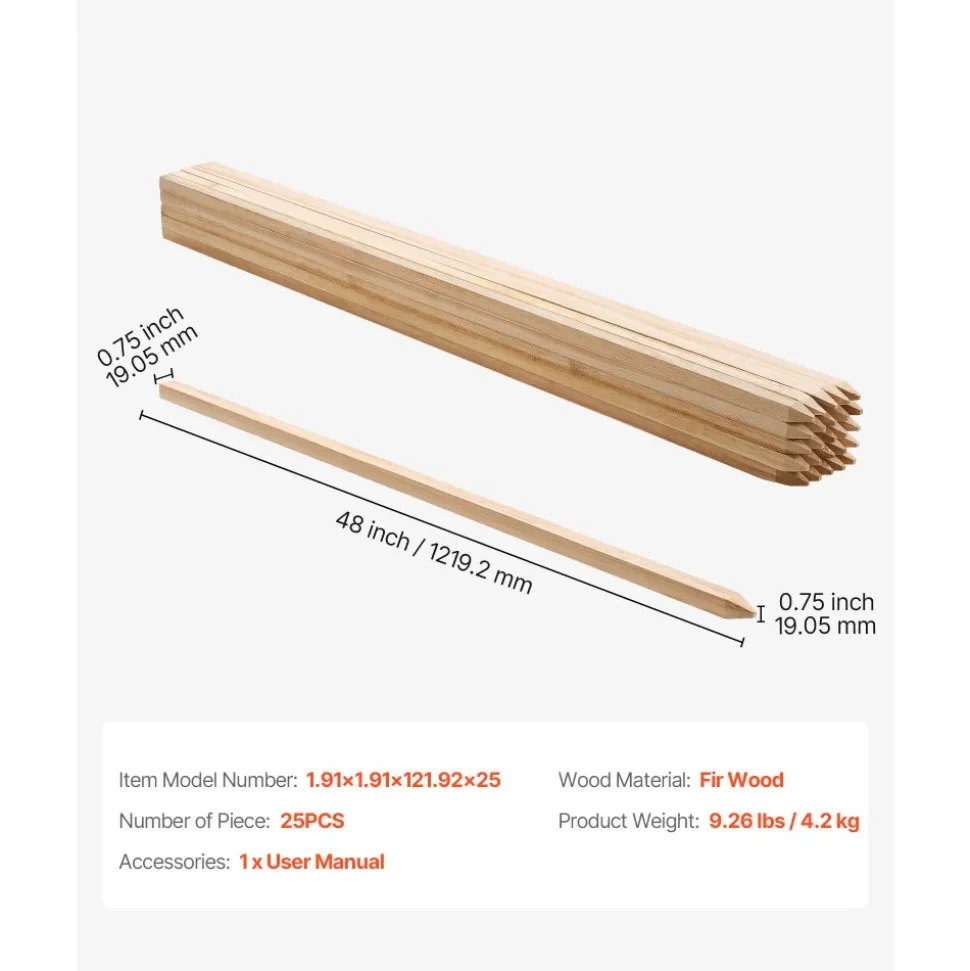 VEVOR Wooden Garden Stakes, 25 Pcs 36x0.75x0.75 in Survey Grading Stakes, Garden Ground Stake with Sharp Point, Fir Wood Plant Support Stake, Sign Posts for Silt Fence Backyard Boundaries Baselines
