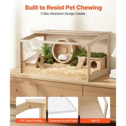 VEVOR Wooden Hamster Cage 23.8"x15.9"x15.9" 270° Viewing Hamster Habitat, Chewproof Small Animal Cage with Openable Top, Large Pet House Wood Enclosure for Syrian/Dwarf Hamsters, Guinea Pigs, Gerbils