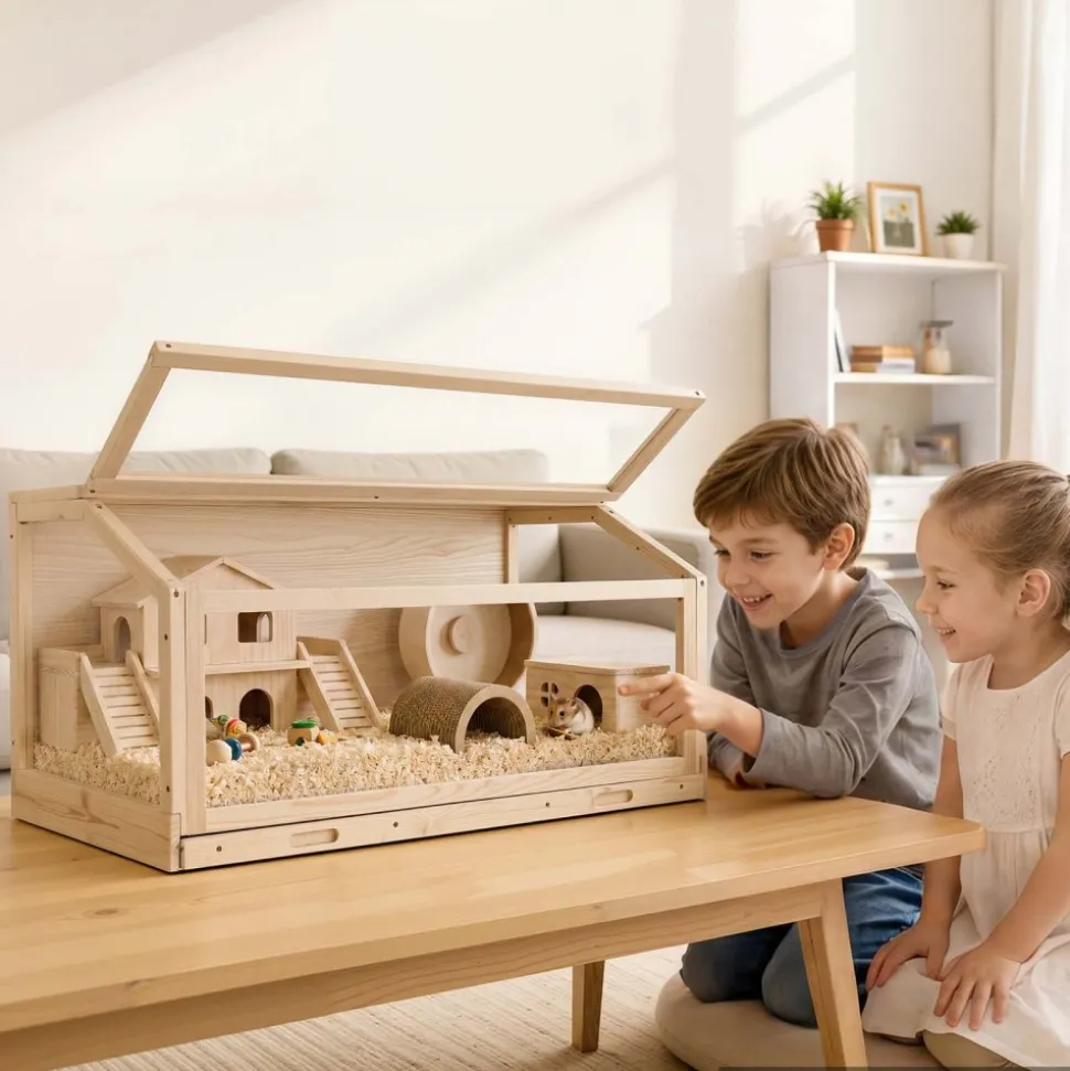 VEVOR Wooden Hamster Cage 39.4"x20.5"x19.9" 270° Viewing Hamster Habitat, Chewproof Acrylic Small Animal Cage with Openable Top, Large Pet Enclosure for Syrian/Dwarf Hamsters, Guinea Pigs & Gerbils