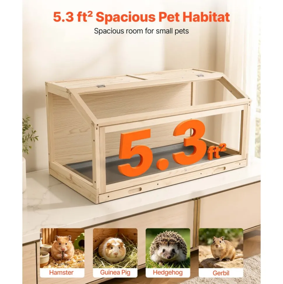 VEVOR Wooden Hamster Cage 39.4"x20.5"x19.9" 270° Viewing Hamster Habitat, Chewproof Acrylic Small Animal Cage with Openable Top, Large Pet Enclosure for Syrian/Dwarf Hamsters, Guinea Pigs & Gerbils